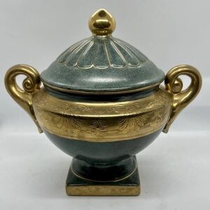 Vintage Chinese HFP Macau Green And Gold Gilding Lidded Bowl